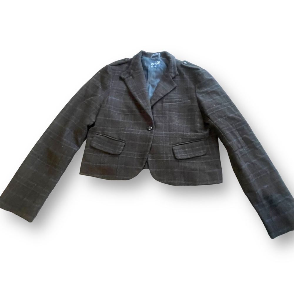 American Eagle Brown/Blue Cropped Plaid Wool Blend Blazer Women's Size L Preppy